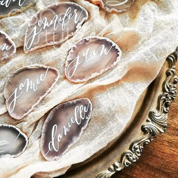 Cocostyles personalized customized blank beautiful white agate guest name cards with handwriting for aesthetic wedding party