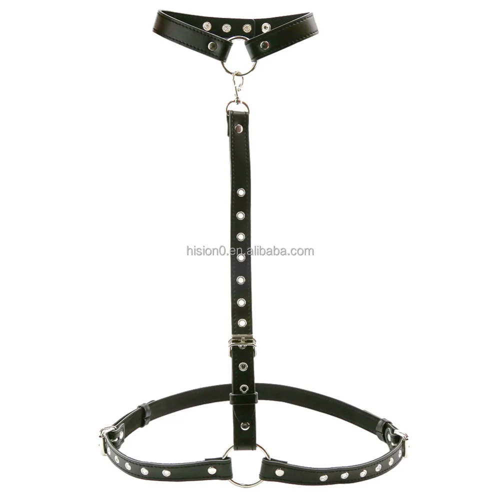 BDSM Body Bondage Restraint Adult Sex Toy Adjustable Black Leather Strap On Harness Breasts With Collar Choker Bondage Neck