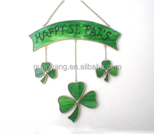 Metal Frame Irish Shamrock Suncatcher Wall Art Hanging Wholesale Custom Stained Glass Home Decoration Folk Art Craft Customized