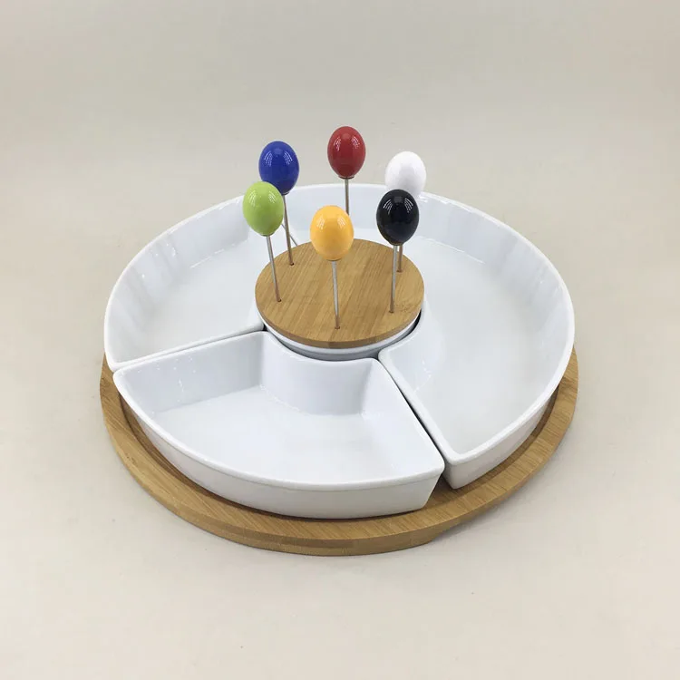 Tableware revolving divided white round shape ceramic tapas serving dishes dish set with lazy susan