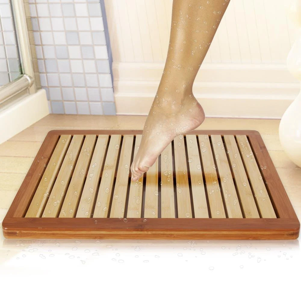Bamboo Bath Mat Shower Floor Mat for Water Evaporation and Non Slip Rubber Feet for Indoor Outdoor Use