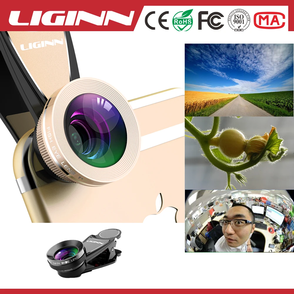 LIGINN 2020  3 in 1 kit 0.63X wide-angle 15X macro 198 degree fisheye cell phone camera lens