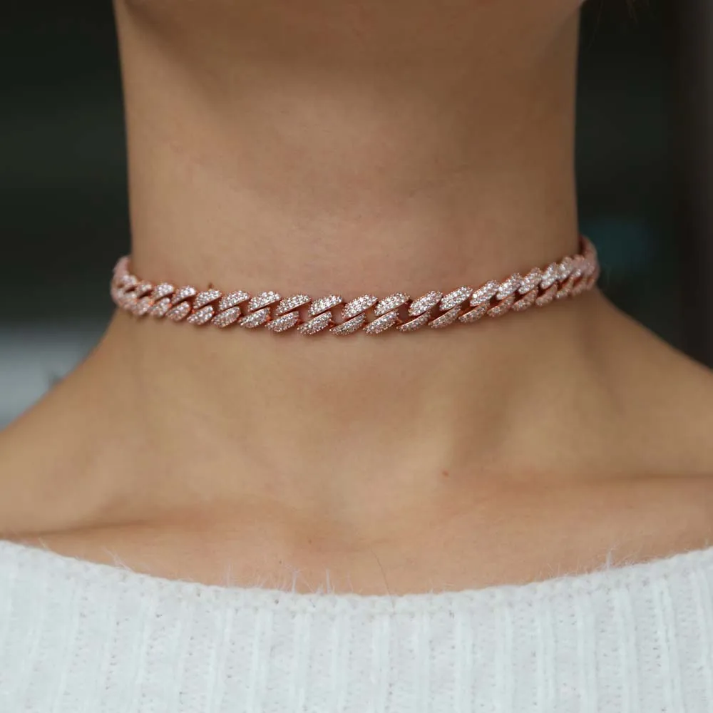 Iced Out Hip Hop Bling 8mm Miami Cuban Link Chain Necklace for Women Mini CZ Adjust Choker Jewelry Party Gift