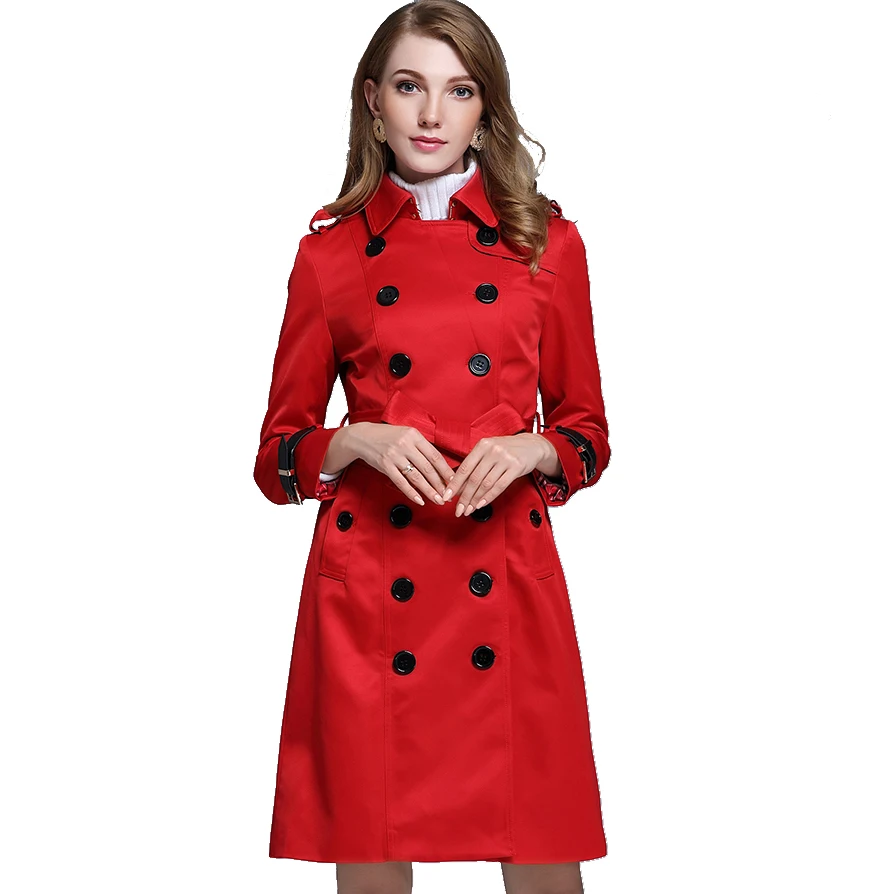 
Wholesale Autumn and Spring Women Fashion Lapel Collar British Style Long Sleeve Double Breasted Trench Coat 3 Colors 