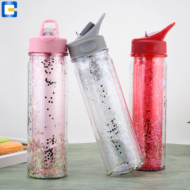 
 Пластиковая бутылка для питья, двойная Изолированная тритановая бутылка для воды с блестками, прозрачная  