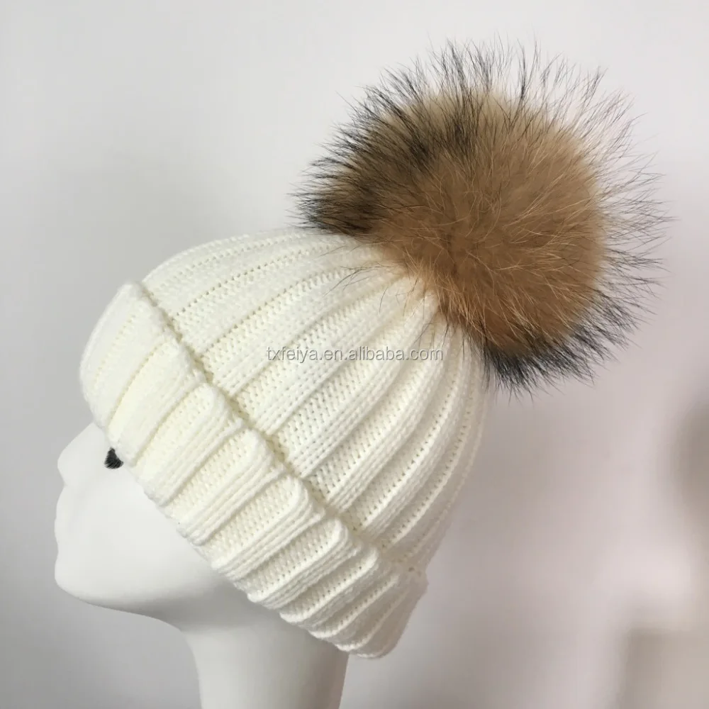 Winter Raccoon Fur Pompom Knit Hat for Women Fur Pom Pom Beanies Hats