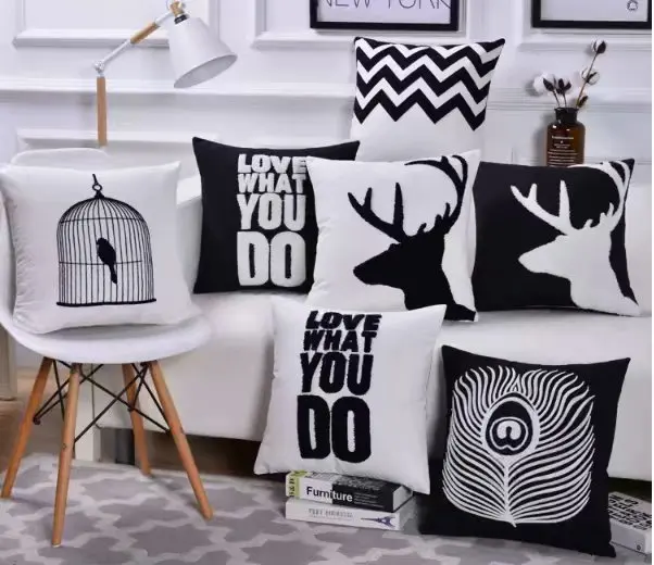 
Embroidered cushion cover Black and White Sofa Square Chair home decorative, cotton pillow for Bedroom or Outdoor 
