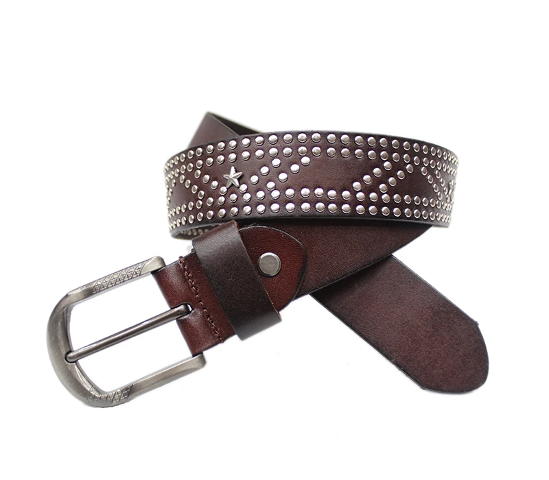 Женский ремень из воловьей кожи с заклепками и пряжкой из сплава