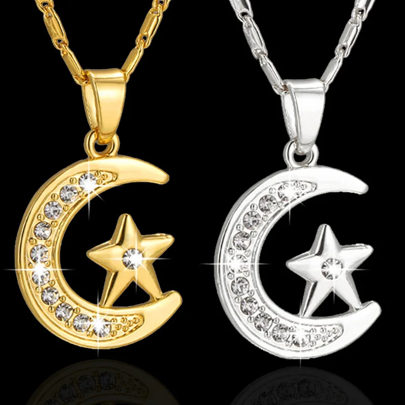 Fashion Muslim Crescent Pendant Necklace Silver/Gold Color Cubic Zirconia CZ Islam Moon Star Jewelry Women Gift Drop Shipping