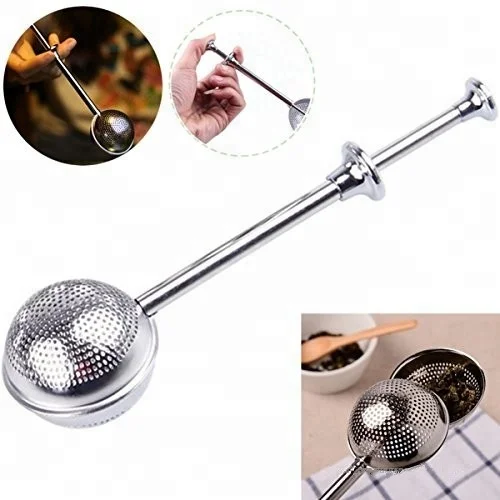 High Quality Convenient Ball Shaped Stainless Steel Silver Push Style Tea Pot Tea Infuser Strainer