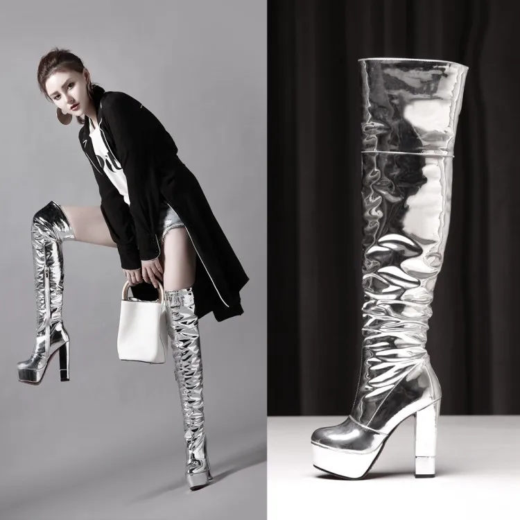 New fashion women silver color shoes platform high chunky heels over the knee boots