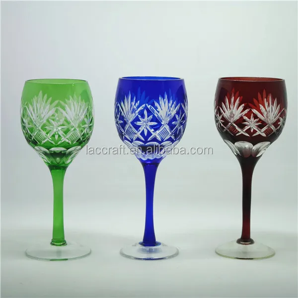 Bohemian Czech Bronze Red Overlay Hand Cut Glass Wine Goblet Stemware