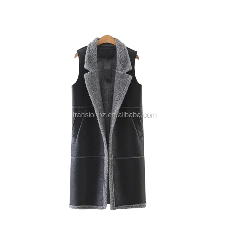 women faux fur leather waistcoat long sherpa fleece vest