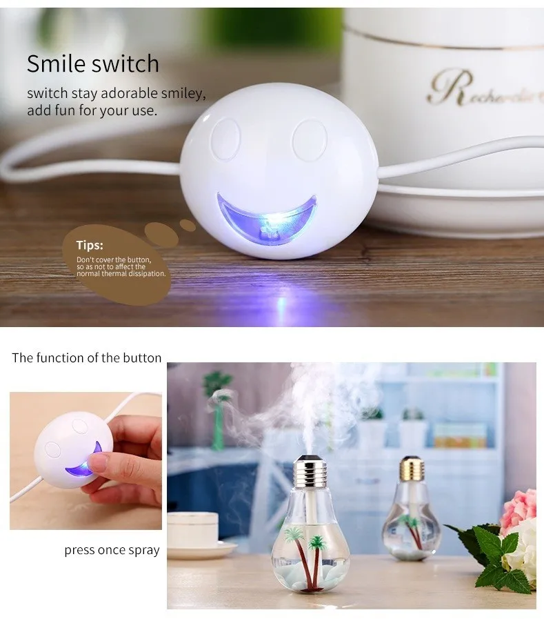 Creative Air Humidifier USB Home Office Mute Aromatic LED Colorful Light Bulb Humidifier Night Light Ultrasonic Humidifier