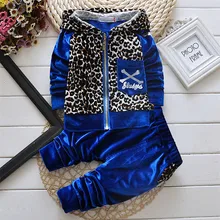 New 2015 Autumn Baby Kids Set Velvet Fashion Leopard Coats Hoodies Pant Twinset Long Sleeve Velour Children Clothing Sets