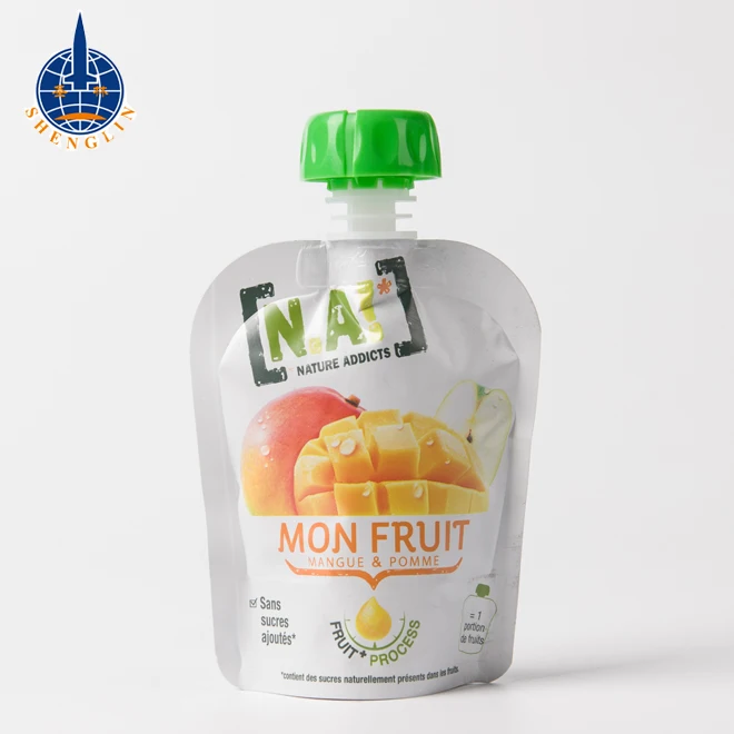 BPA free reusable clear baby food squeeze shaped spout pouch packaging bag for fruit juice with big screw spout
