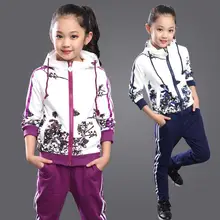 Kids Tracksuit For Girls Age 6-14 Floral Zipper Kids Hoodies+Pants Girls Sport Suit 2015 Winter Girls Clothes 291