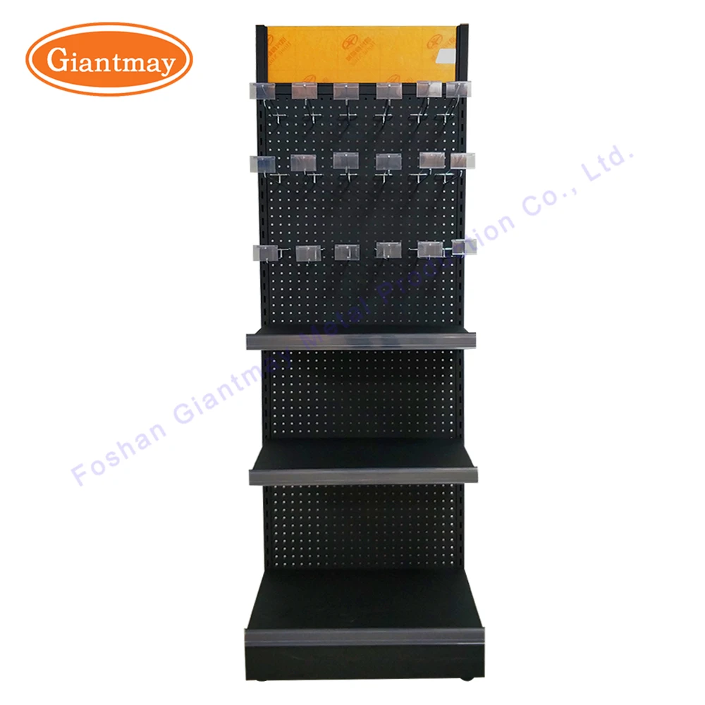 Metal Retail Store Products Floor Display Shelves Stand With Shop Hooks Racks