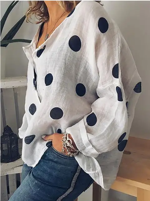 Женские блузки с длинным рукавом Мода бабочка с длинными рукавами и принтом в горошек Blusas Черный Повседневная рубашка