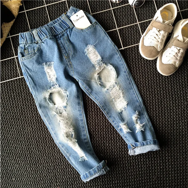 
YY10157G Girls kids ripped long pants jeans washed light blue jeans 