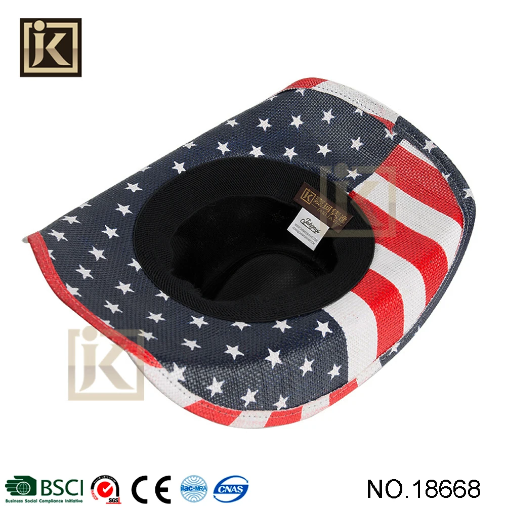 
Wholesale adult men straw hat USA flag cowboy hat with rope promotion western fashion hat 