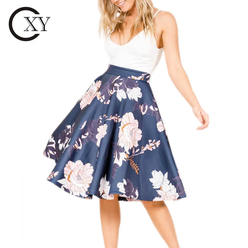 European And American Fashion Custom Women Elegant Navy Floral Midi Skirts