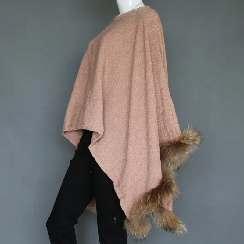 Fluffy raccoon fur knitted cape European style fashion shawl with fur trim