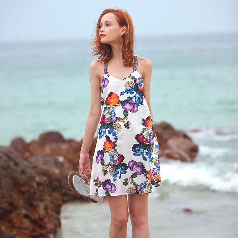 
MaxNegio Lady Fashion Colorful Printed Beach Casual White Dress Women Off Shoulder Halter Sexy Backless Floral Dress 