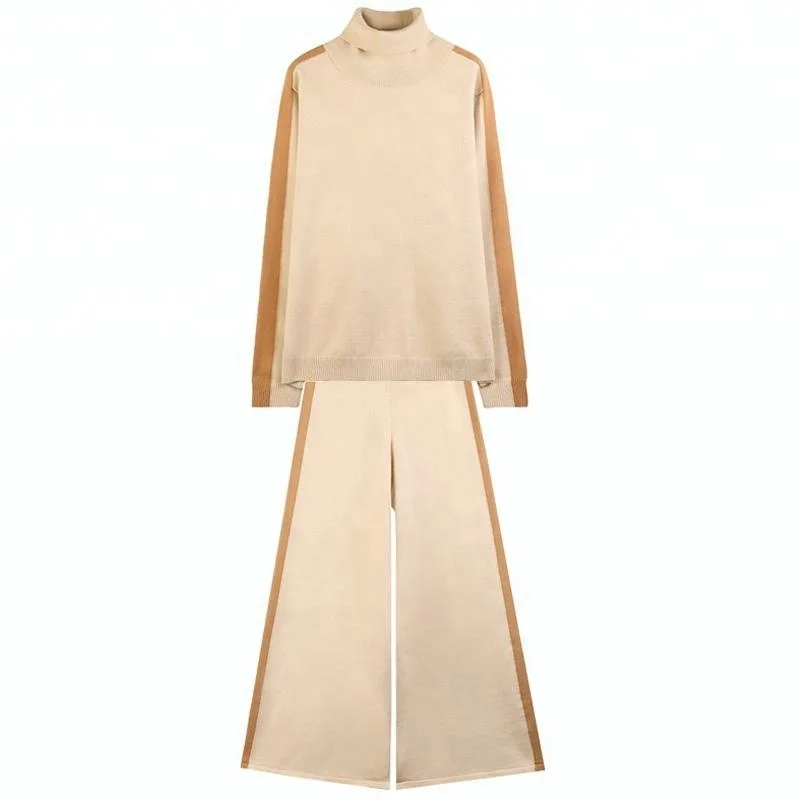 P19B70HX женский зимний кашемировый спортивный модный контрастный костюм с воротником-черепахой и брюками