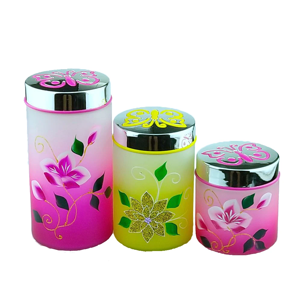 Hand painting airtight glass food storage jars set with plastic screw top for candy nut