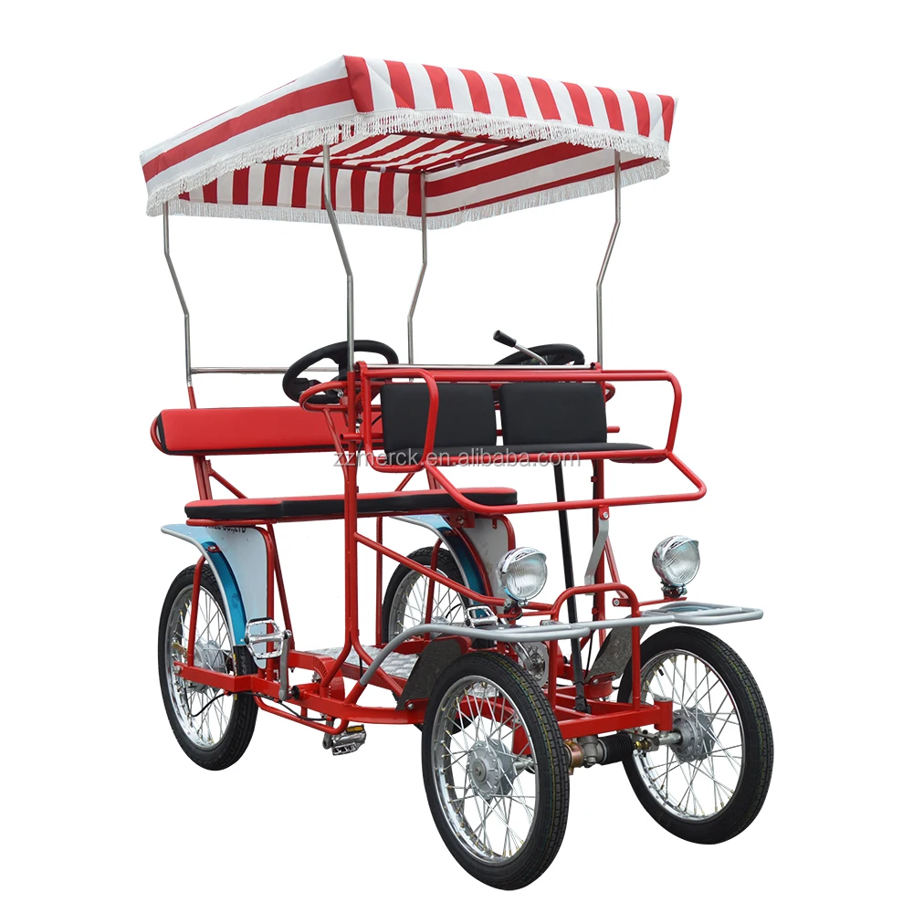 Pedal Quadricycle Surrey Sightseeing Beach Cruiser Tour Family Four Passenger Rickshaw Bicycle