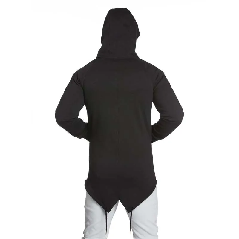 Knee length mens zip up drop tail hoodie with zipper pocket