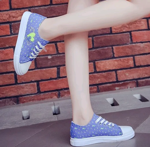 Latest design ladies shoes flower print fashion women lace up canvas shoes