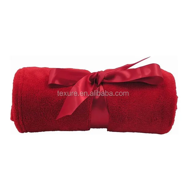Micro Coral fleece thick plush blanket with silk ribbon for promotion gifts