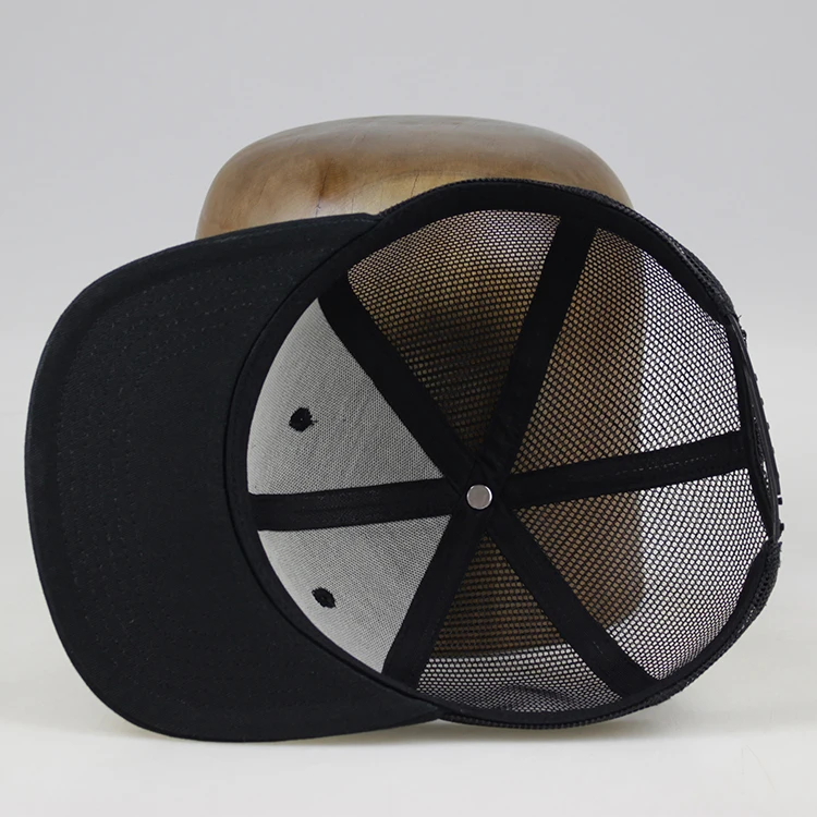 
Alegria High Quality Black Flat Brim Custom Embroidery Patch Mesh Snapback Trucker Cap 