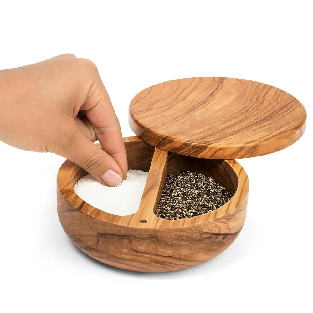 Simply Bamboo Wooden Round 2-Compartment Salt Box Removable, Rotating, Magnetic Top