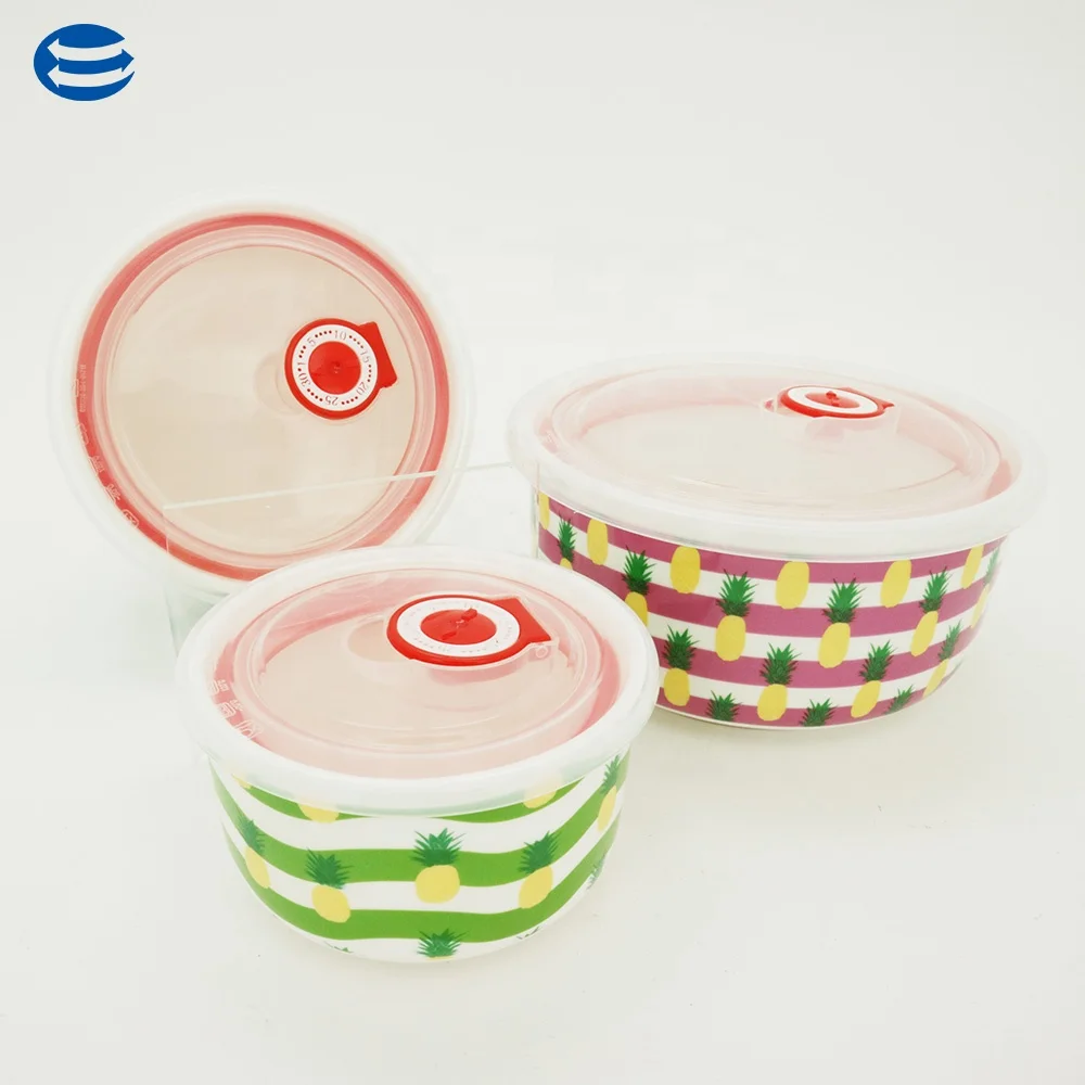 
Hot sale set of 3 ceramic round fresh bowl porcelain Soup Bowl Fruit lunch box With Cover 