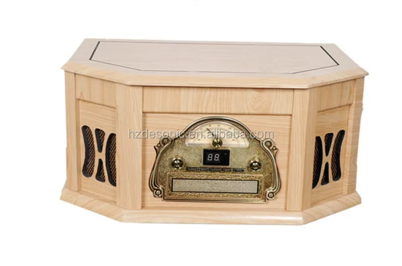 wooden vintage vinyl turntable jukebox with 3 speed lp record pressing