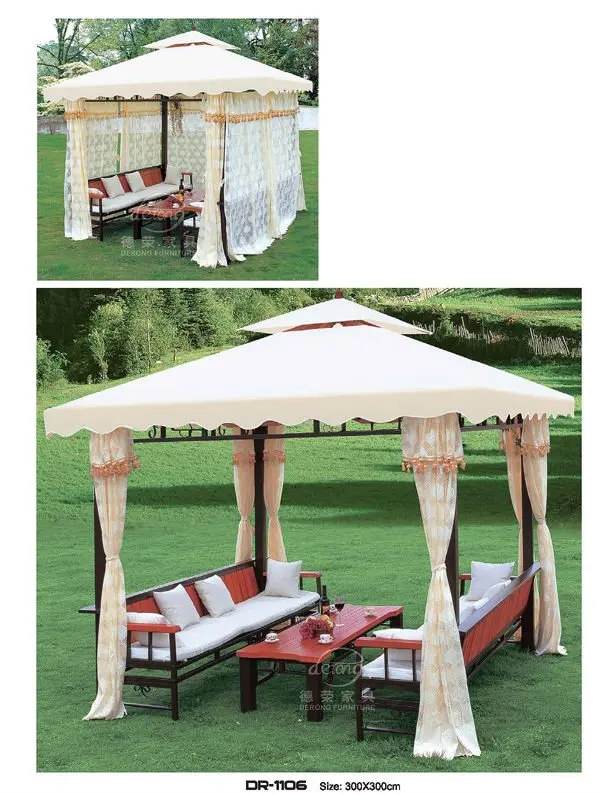 3*3 meter outdoor garden wrought Iron gazebo with water proof canopy,curtain and sofa set inside, DR-1106