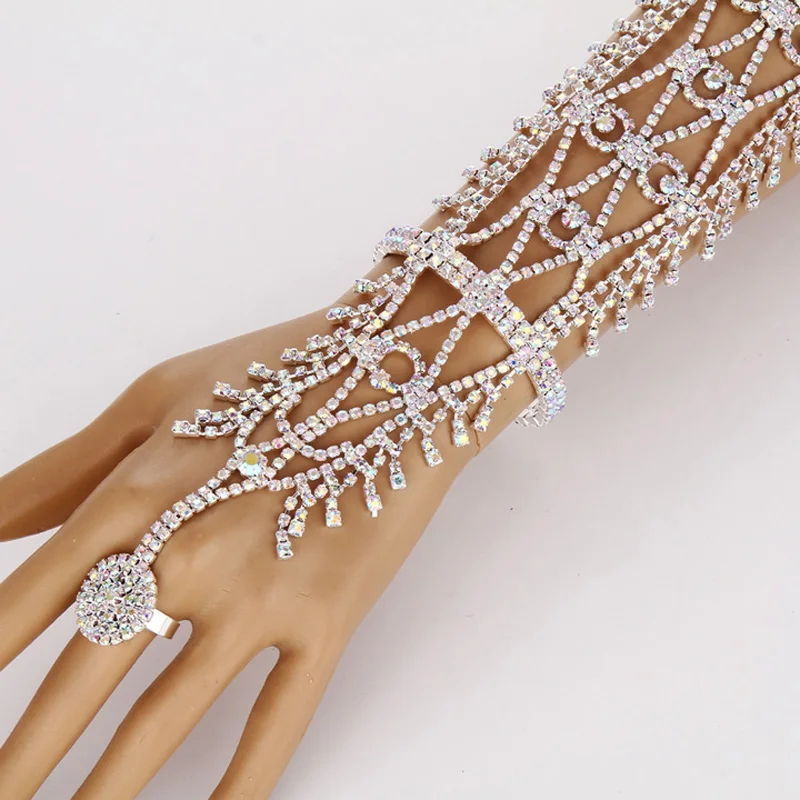 
Crystal rhinestone arm hand chain cuff ring copper bracelet 