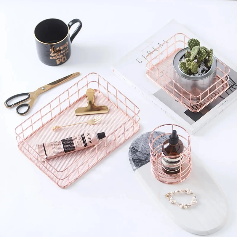 Manufacturers Customized Household Storage Rose Gold Wire Organizer Basket Wire Storage Basket