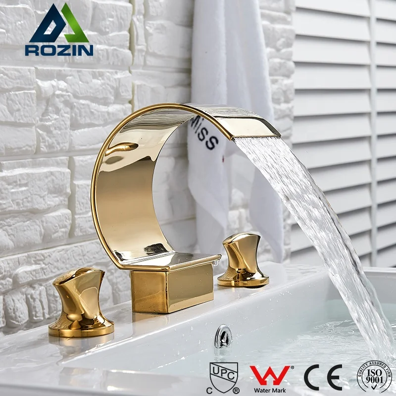 Rozin New Arrival Gold Waterfall Bath Wash Water Tap Brass 3 Pcs Dual Handle Faucets Set for Bathroom Basin Faucet