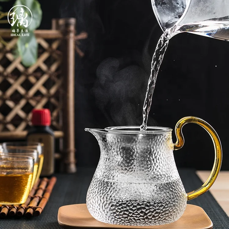 High borosilicate glass tea pot with glass tea strainer and yellow handle arab glass tea pot