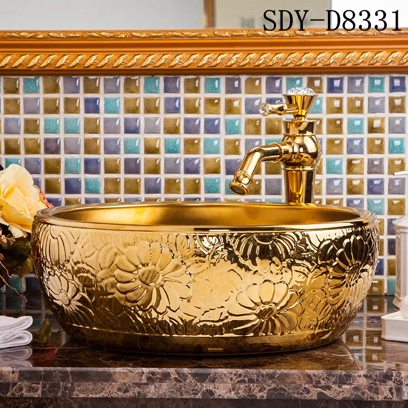 golden color  table top wash basin designs bathroom  wash sink ceramic gold color antique wash vanity basin