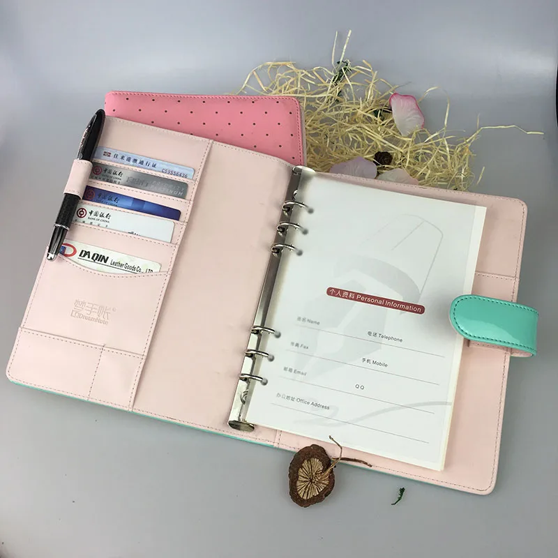 Shiny PVC leather custom binder planner with dot printing, 6 holes ring binder dotted day planner wholesale