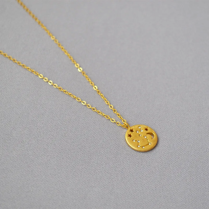 dainty zodiac brass necklace 24k gold plated pendant necklace gold filled  chain coin jewelry necklace