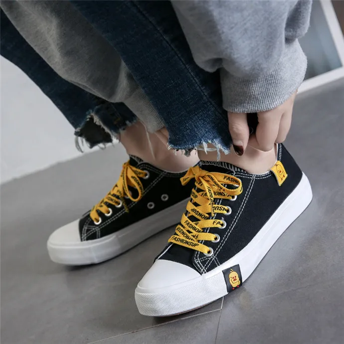 Spring Students Women Cartoon Yellow Duck Lace-Up Flat Zapatillas Canvas Shoes