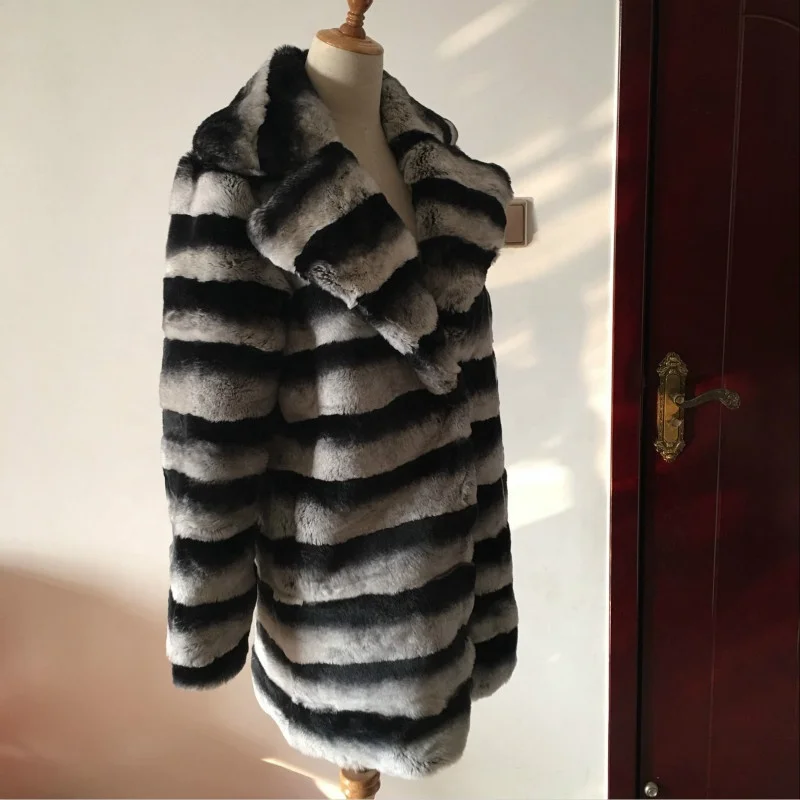 2019 Long Sleeves Stripe Standing Collar Chinchilla Rex Rabbit Fur Coat