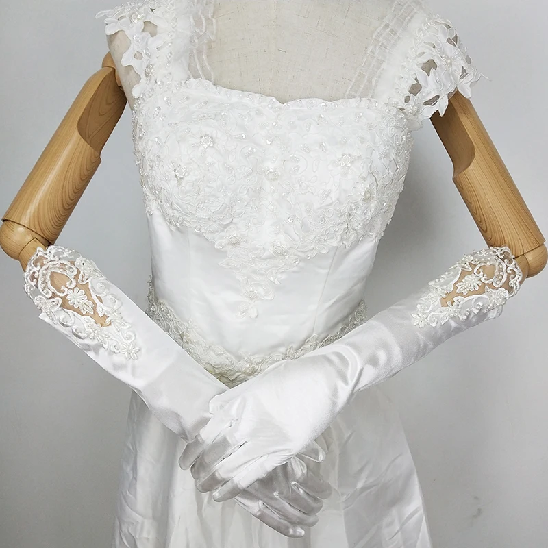 
with appliqued lace pearl beaded elbow length wedding bridal gloves 