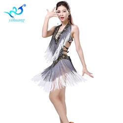 Leopard Backless Tassel Night Club Cocktail Party Latin Dance Costumes For Women Professional Dance Dress Ballroom V-neck
